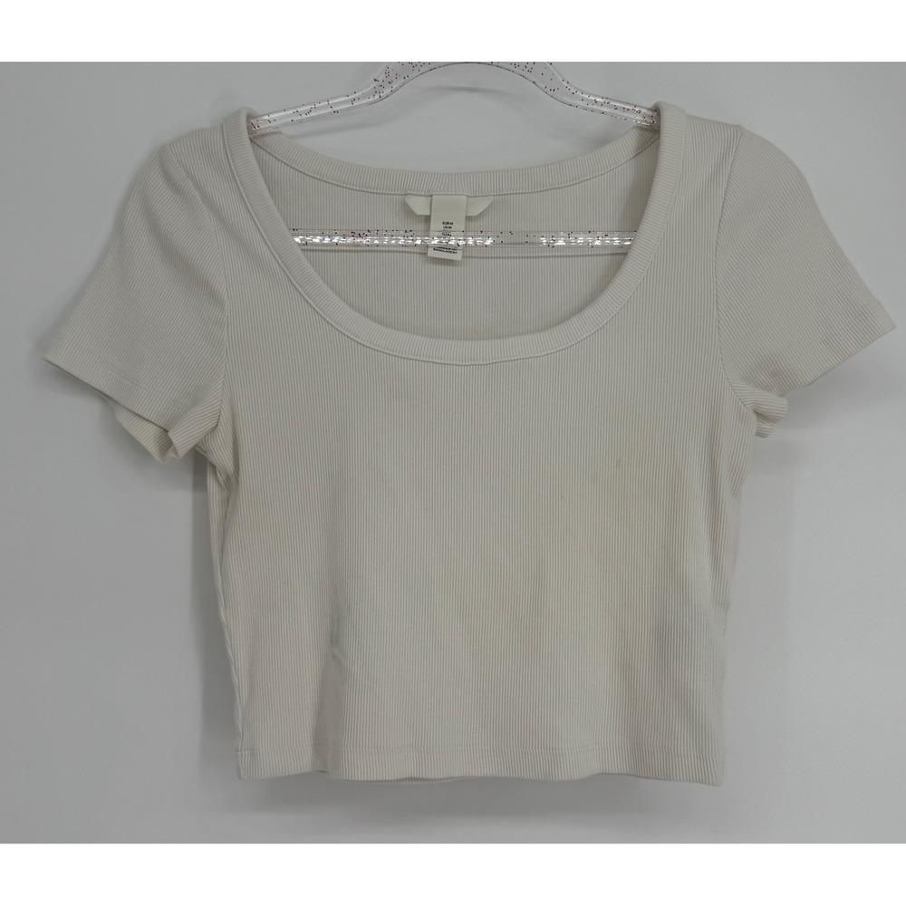 H&M‎ Womens Ribbed Scoop Neck Short Sleeve Crop Top Off-White Sz M